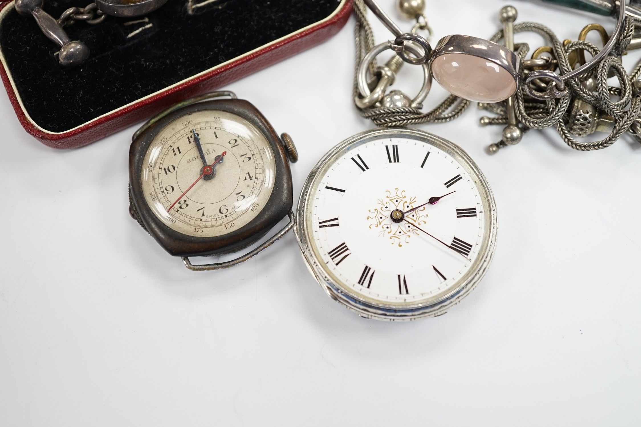 A pair of 925 and tiger's eye quartz set cufflinks, a silver and Scottish hardstone set brooch, a Scottish silver and rose quartz set bangle, a white metal fob watch and albertina and a base metal wrist watch.